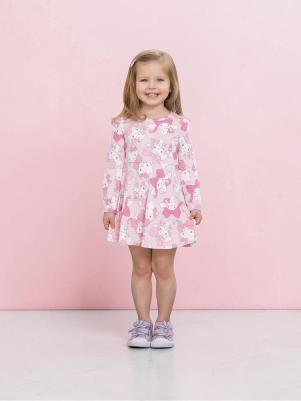 Hello Kitty And Cinnamoroll Pink Long-Sleeve Print Swing Dress by Sanrio
